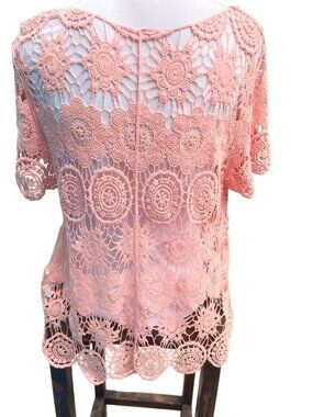 Handmade Pink Crochet Lace Blouse With Floral Pattern Sheer Lightweight Design